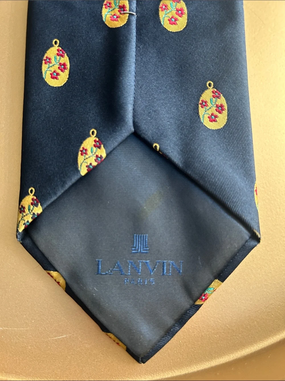 Vintage Lanvin Navy Silk Tie with Yellow and Pink Floral Medallions